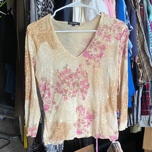 Knox Rose Beige and Pink Floral V-Neck Blouse